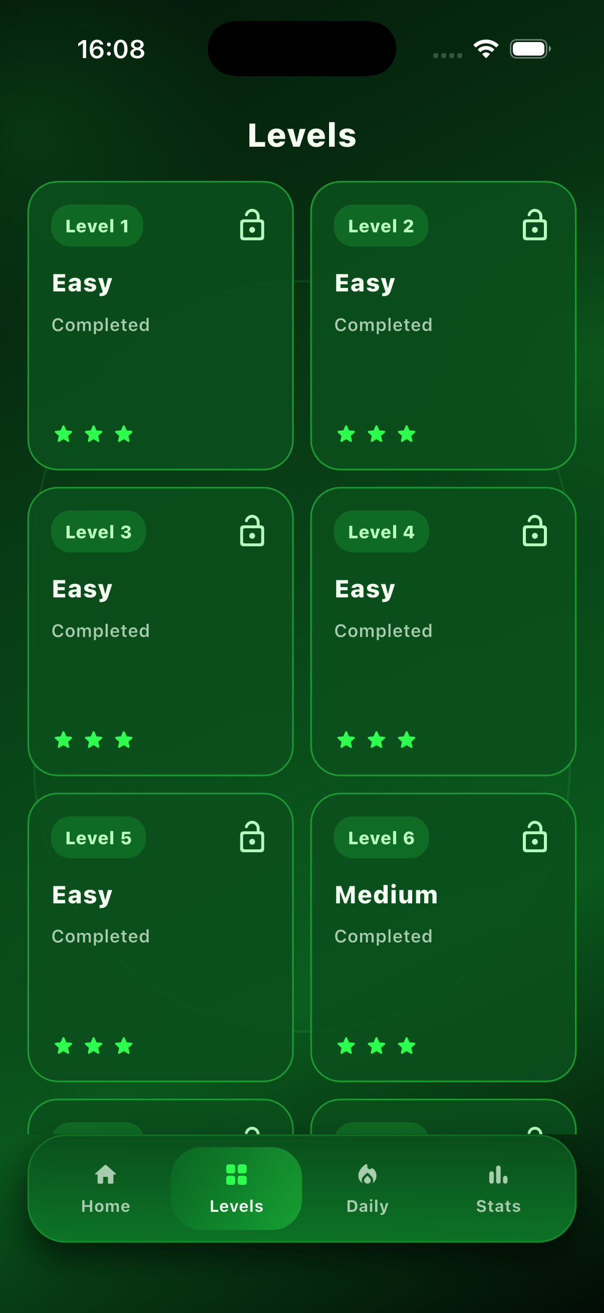 Levels screen